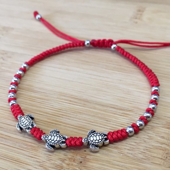 Braided Silver Turtle Lucky Red String Adjustable Bracelet - Picture 2 of 3